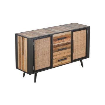 Sideboard Nordic Rattan mit 3 Schubladen 160x45 cm recycelt Bootsholz Metallrahmen