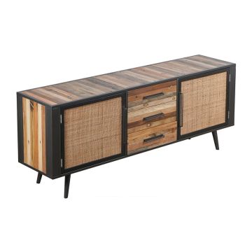 Sideboard Nordic Rattan mit 3 Schubladen 200x45 cm recyceltes Bootsholz Metallrahmen