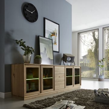 Sideboard Wildeiche massiv 4 Glastüren 3 Schubladen Cubeit Holzsockel