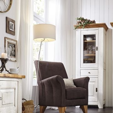 Vitrine Eiche massiv Ariege schmal mit zwei Türen und Schublade ivory