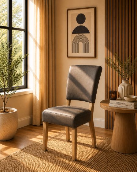 Lederstuhl Nora in Graphite und Eichegestell Gold