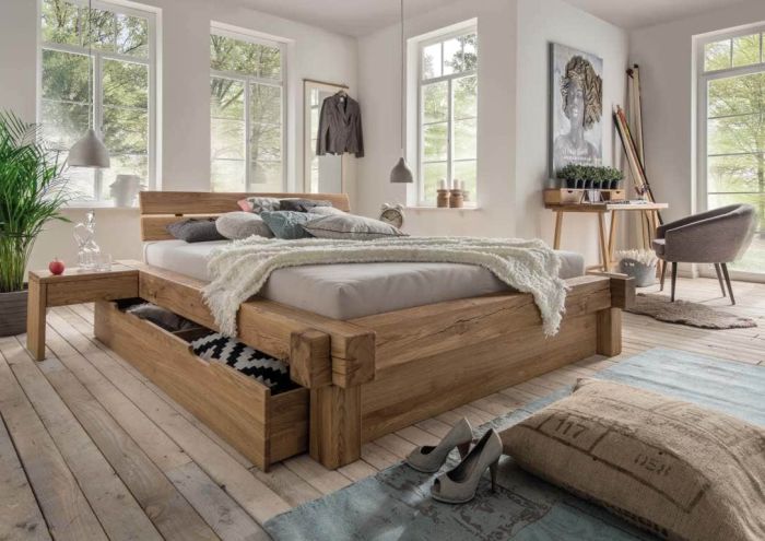 Balkenbett Schubladen Eiche massiv 140x200cm Kopfteil aus 2 Wildeiche Planken
