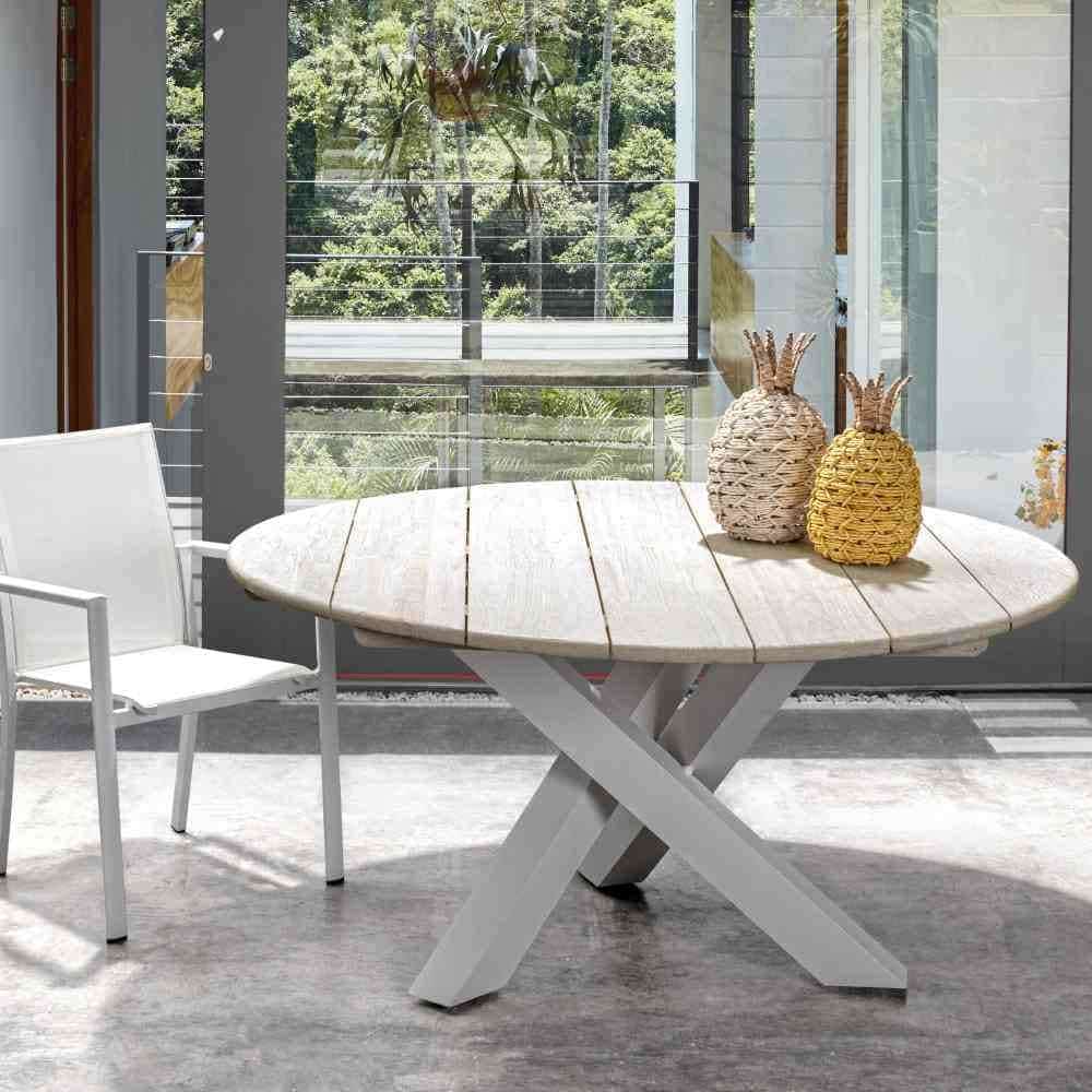 Gartentisch recycle Teak weiß rund 150 cm Aluminium Gestell Donald