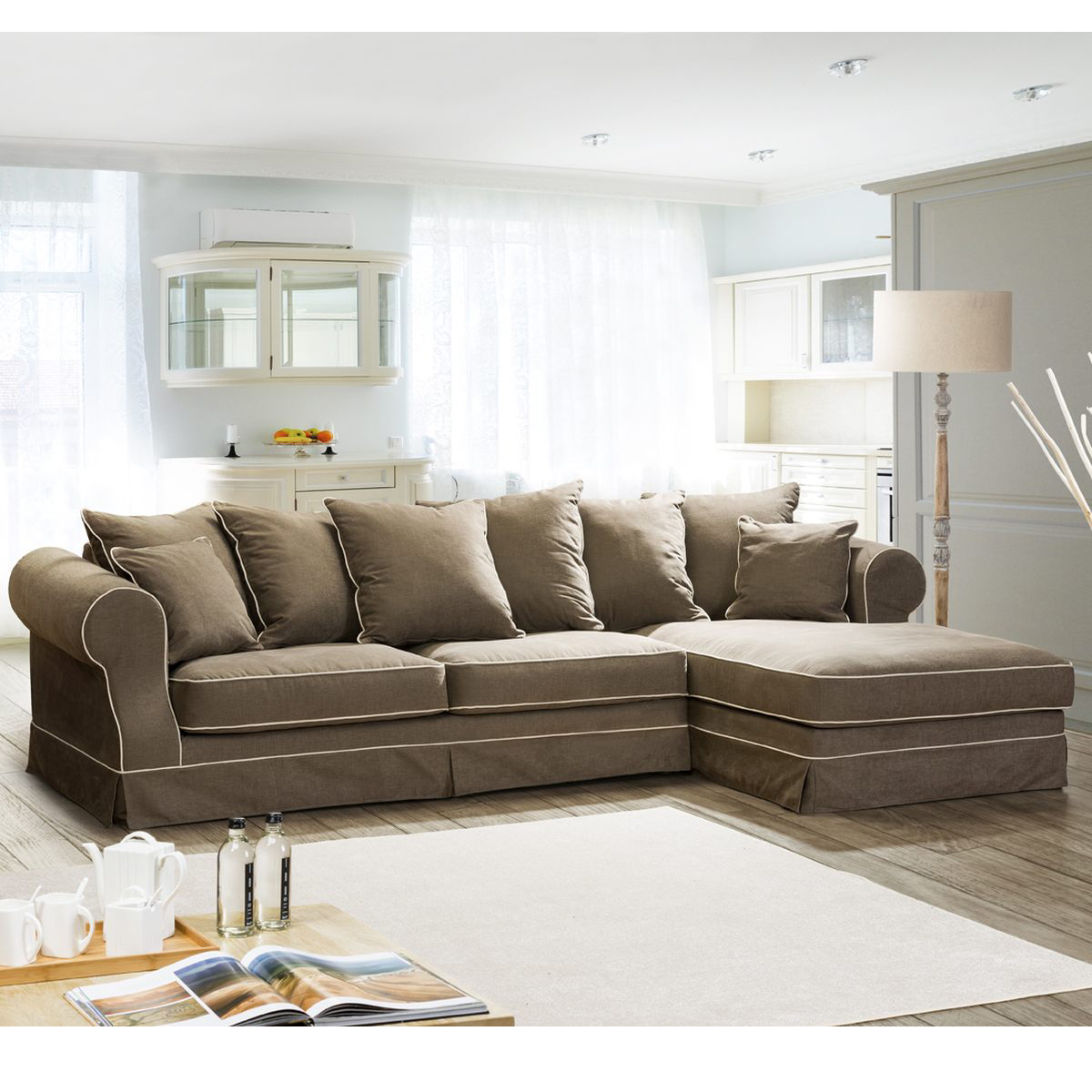 Hussen Ecksofa Elena mit Diwan Landhausstil lose Kissen