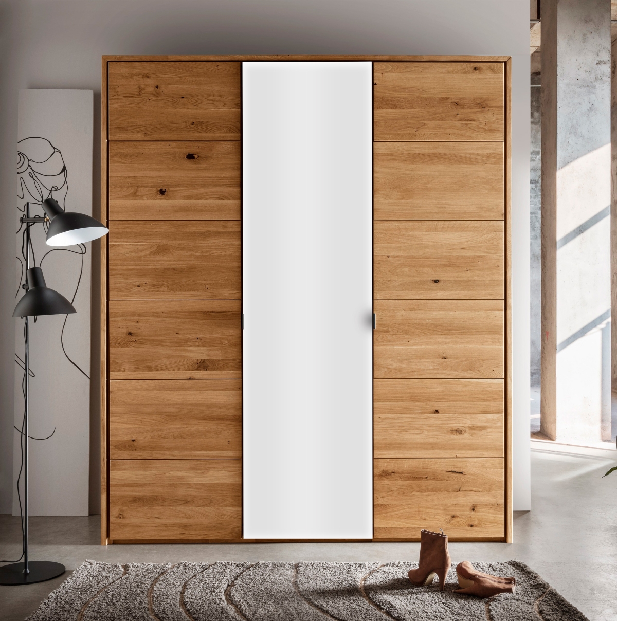 Kleiderschrank Eiche massiv geölt Tür mit Weissglas