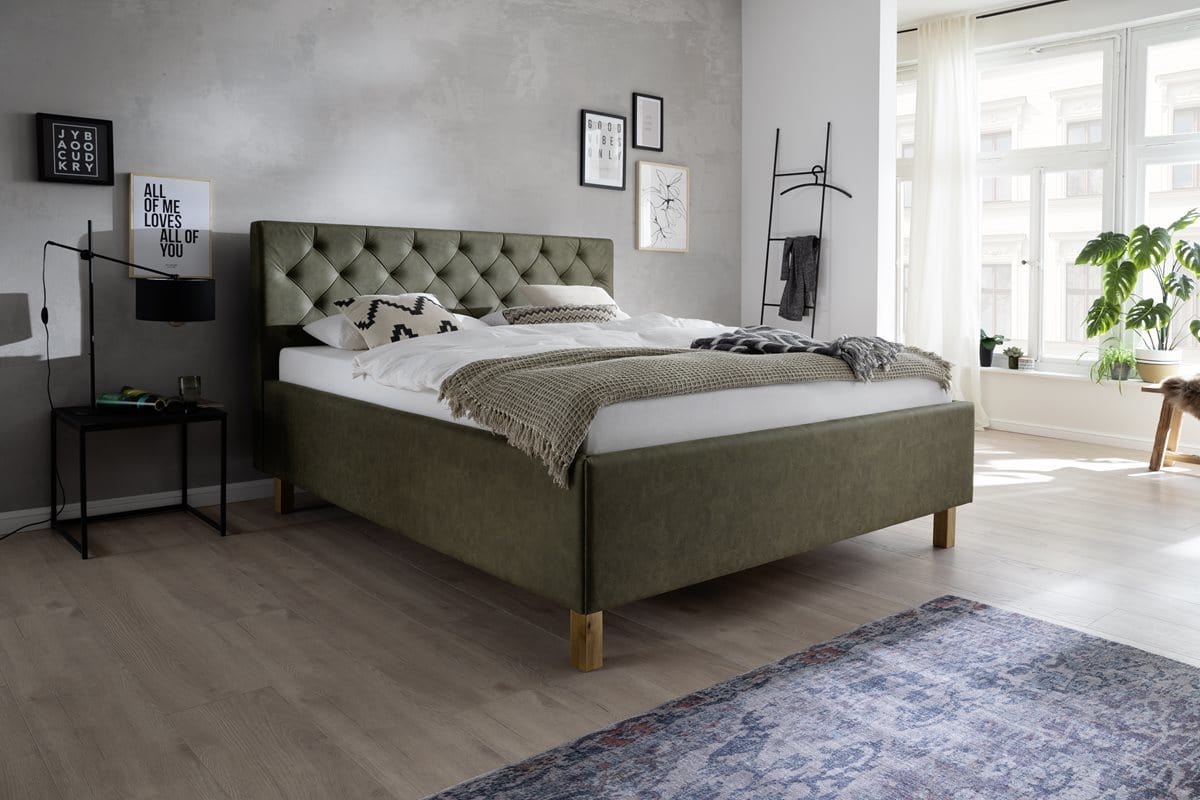 Polsterbett Villach 180x200 cm Grün mit Bettkasten Fuß Eiche hell