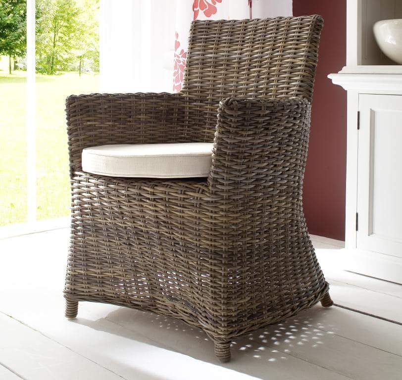 Rattansessel Bishop Landhausstil Sessel in Kubu grau mit Kissen